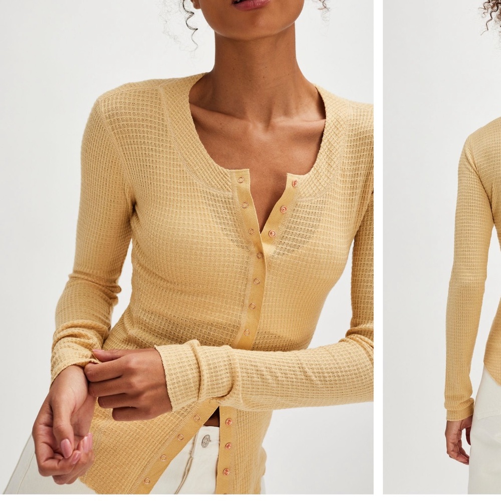 Free People Yellow Waffle Knit Cardigan